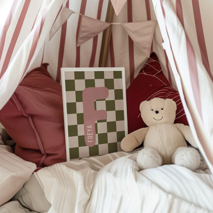 Custom Green Checkered Initial Name Print