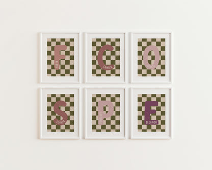 Custom Green Checkered Initial Name Print