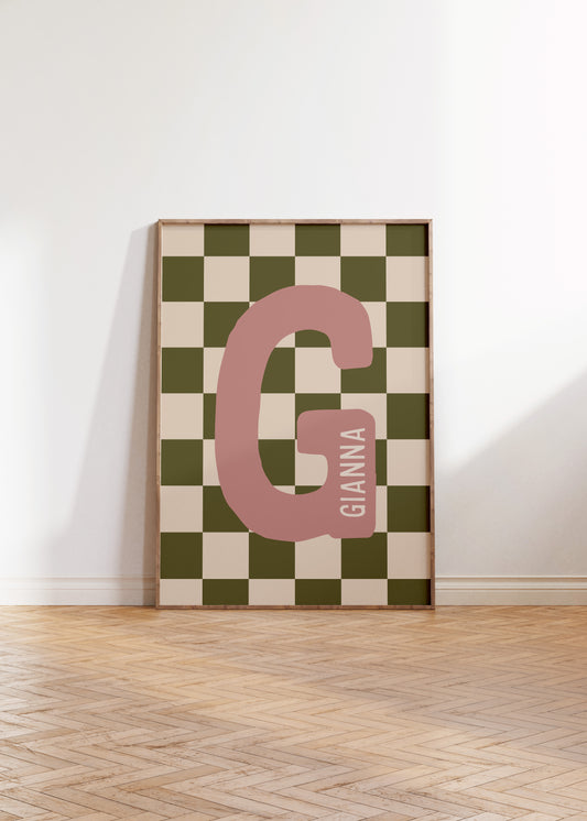 Custom Green Checkered Initial Name Print
