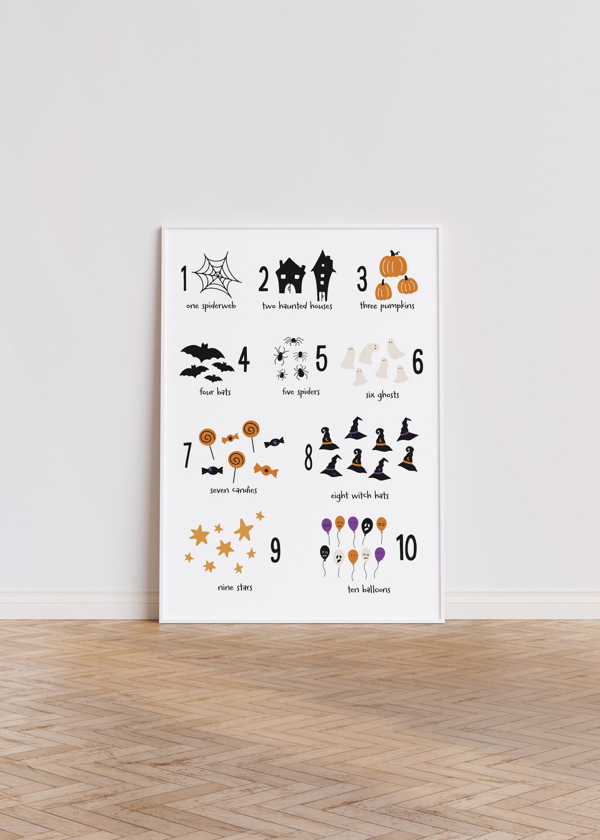 Halloween-themed number poster with festive illustrations on a white wall.