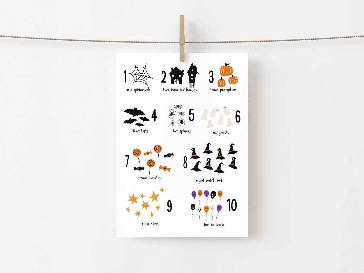 Halloween-themed numbered illustrations on a white card with a wooden clip on a white background