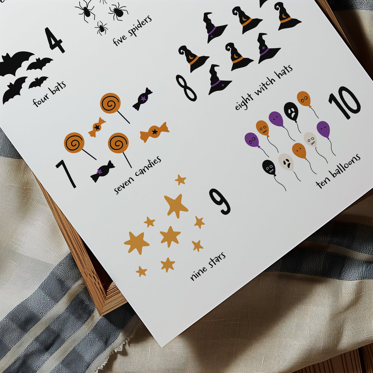 Halloween-themed number chart with spooky illustrations on a white background.