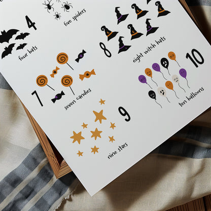 Halloween-themed number chart with spooky illustrations on a white background.