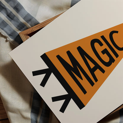 A close-up image of a whimsical ‘MAGIC’ pennant flag poster. 