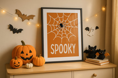 Framed Halloween poster with ‘Spooky’ text, featuring a spiderweb and spider on an orange background, leaning against a wall.
